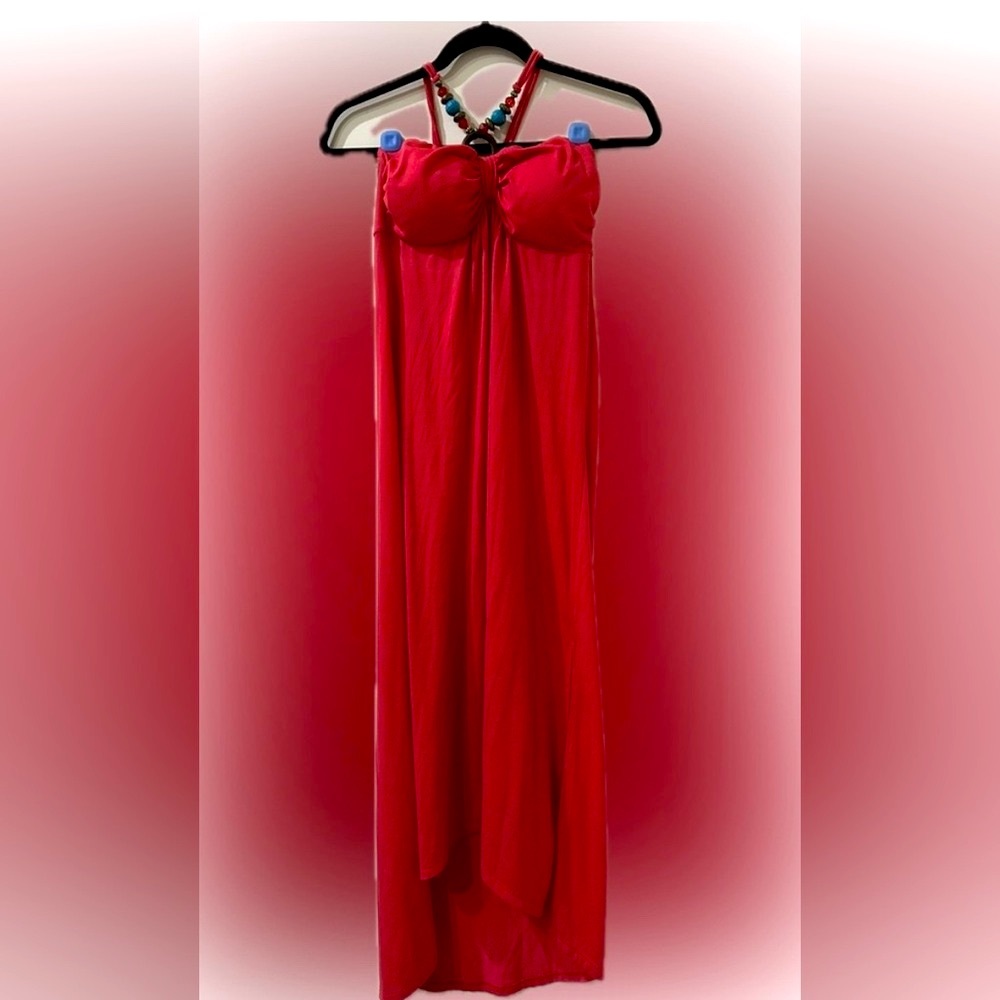 Derek Heart Red Pleated A-Line Maxi Dress with Jeweled Neckline - Picture 5 of 6